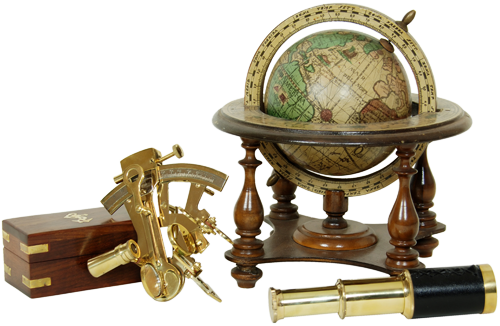 globe, telescope, and compass rose graphic